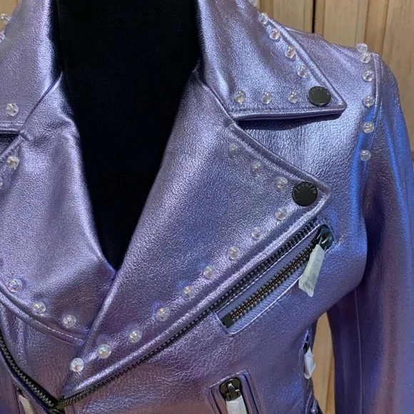 JOCELYN women's leather moto jacket metallic Lilac with chain Size XS NWT $650 - Picture 5 of 5